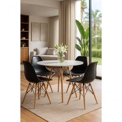 Jogo Mesa Sala Cozinha Jantar Redonda Eiffel 80cm Elegante Branca Mdf Com 4 Cadeiras Charles Eames Pretas