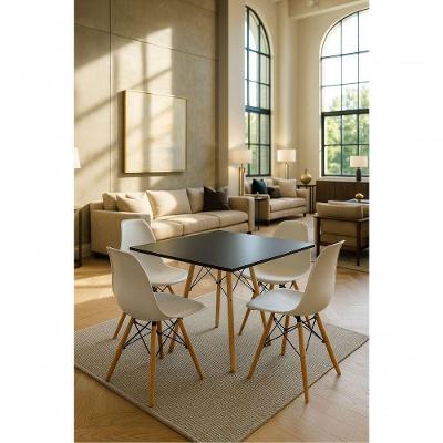 Conjunto Cozinha Sala Jantar Mesa Eiffel Quadrada 80cm Preta Com 4 Cadeiras Eiffel Eames Branca