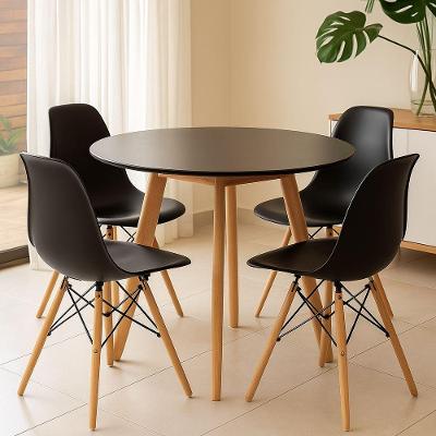 Jogo Cozinha Sala Jantar Mesa Leda 80cm Redonda Com 4 Cadeiras Eiffel Eames Cor Preto