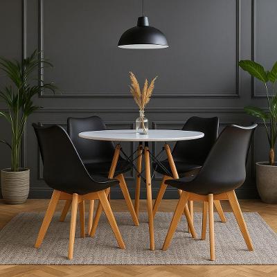 Jogo Cozinha Sala Jantar Mesa Redonda Moderna 100cm Eiffel Cor Branco Com 4 Cadeiras Leda Wood Cor Preto