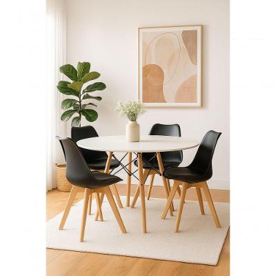 Jogo Mesa De Jantar Sala Cozinha Redonda Mdf 110cm Eiffel Branco E 4 Cadeiras Leda Wood Preta