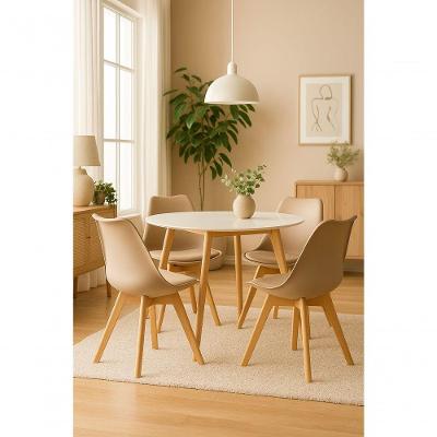 Conjunto Mesa 80cm Branca Mdf Com 4 Cadeiras Estofadas Bege – Perfeita Para Ambientes Modernos