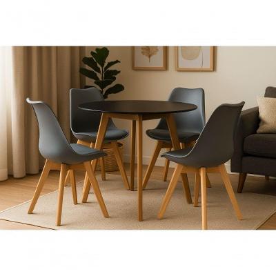 Jogo De Mesa Leda Redonda 80cm Preta Com 4 Cadeiras Leda Cinza Design Contemporâneo