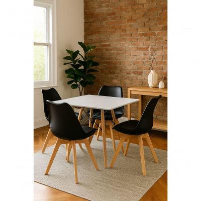 Mesa Eiffel Elegante Quadrada Cor Branco 90cm Com 4 Cadeiras Leda Saarinen Wood Cor Preto