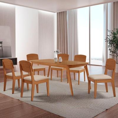 Mesa De Jantar Copper 180cm Tampo Mdf 6 Cadeiras Moderna Veludo Creme/naturalle/naturalle