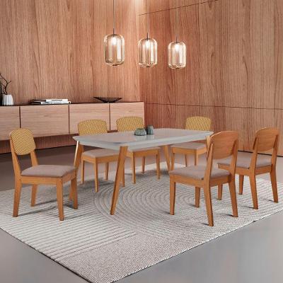 Mesa De Jantar Copper 180cm Tampo Mdf Vidro 6 Cadeiras Linho Capuccino/off/nat/serig. Off
