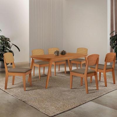 Mesa De Jantar Copper 180cm Tampo Mdf Laminado 6 Cadeiras Veludo Capuccino/naturalle/naturalle