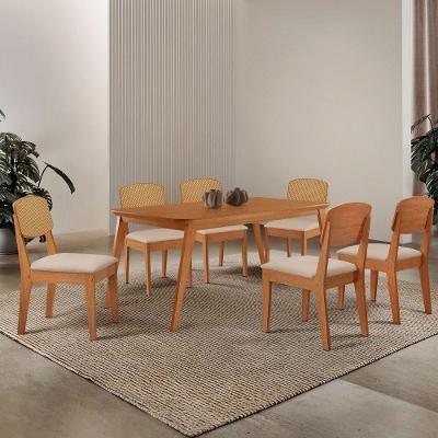 Mesa De Jantar Copper 180cm Tampo Mdf Laminado 6 Cadeiras Veludo Creme/naturalle/naturalle