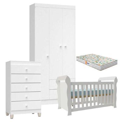 Quarto De Bebê 3 Portas Com Gaveteiro Ternura Baby E Berço Lara Branco Brilho Com Colchão Gazin - Incorplac