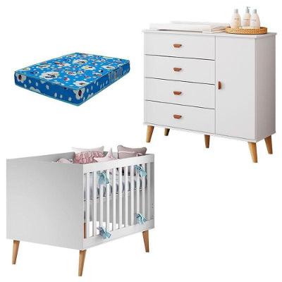 Berço Americano Ludmila Com Cômoda Infantil Duda Branco Acetinado Bétula E Colchão Ortobom - Carolina