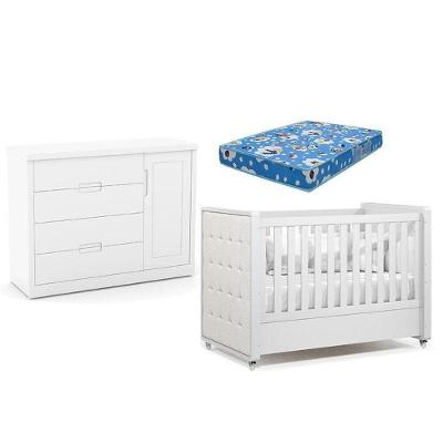 Berço Americano Com Capitonê New Boucle E Cômoda Infantil Tutto New Branco Acetinado E Colchão Ortobom - Matic