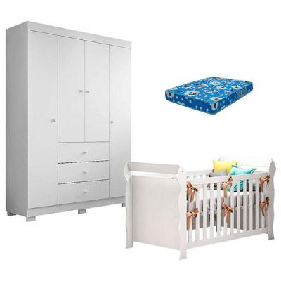 Berço Americano Lara E Guarda Roupa Duda 4 Portas Branco Brilho Com Colchão Ortobom – Phoenix Baby