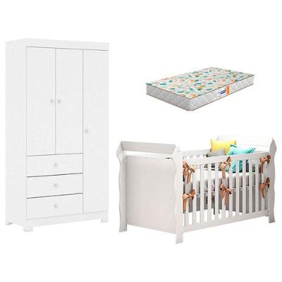 Berço Americano Lara E Guarda Roupa Duda 3 Portas Branco Brilho Com Colchão Gazin – Phoenix Baby