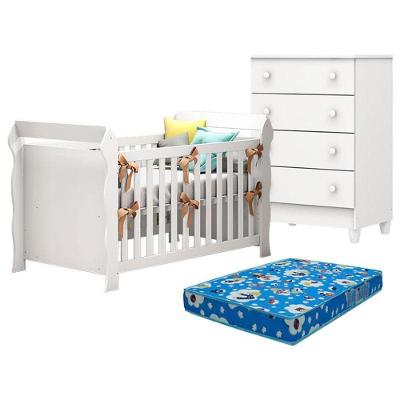 Berço Americano Lara E Cômoda Gaveteiro Mel Flat Branco Brilho Com Colchão Ortobom – Carolina