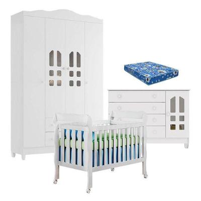 Quarto De Bebê New Selena 4 Portas Com Berço Lila E Cômoda Gran Selena Branco Brilho E Colchão Ortobom – Carolina Móveis