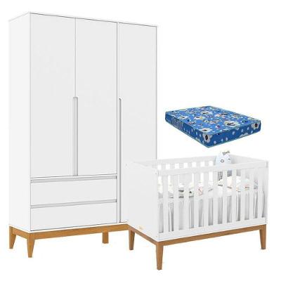 Berço Americano Unique E Guarda Roupa 3 Portas Nature Clean Branco Soft Eco Wood E Colchão Ortobom – Matic
