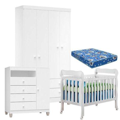Quarto De Bebê 4 Portas Ternura Baby Com Berço Lila Branco Brilho Com Colchão Para Berço Americano - Incorplac