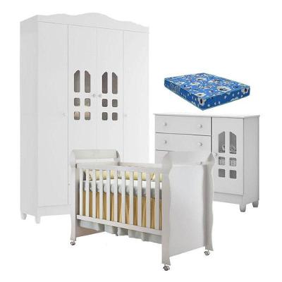 Quarto De Bebê New Selena 4 Portas Com Cômoda Selena E Berço Mirelle Branco Brilho E Colchão Ortobom – Carolina Móveis