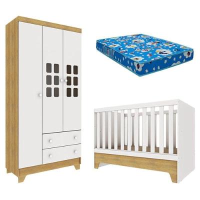 Berço Americano Mini Cama Com Guarda Roupa Infantil Malu Branco Acetinado Bétula Com Colchão Ortobom – Carolina