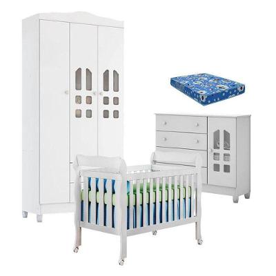 Quarto De Bebê New Selena 3 Portas Com Berço Lila E Cômoda Selena Branco Brilho E Colchão Ortobom – Carolina Móveis