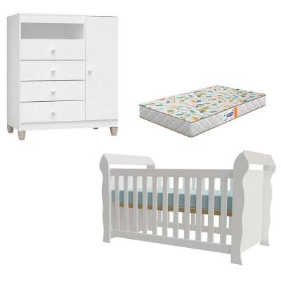 Berço Americano Lara Com Colchão Gazin E Cômoda Infantil Ternura Baby Branco Brilho - Incorplac