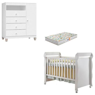 Berço Americano Mirelle Com Colchão Gazin E Cômoda Infantil Ternura Baby Branco Brilho - Incorplac