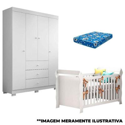 Berço Americano Lara E Guarda Roupa Duda 4 Portas Branco Brilho Com Colchão – Phoenix Baby