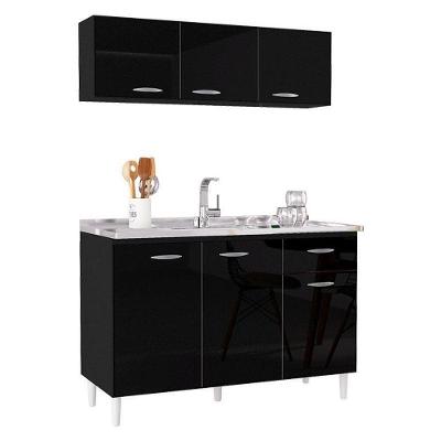 Balcão De Pia E Armário Aéreo 120 Cm Preto – Poquema