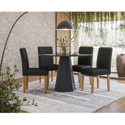 Mesa De Jantar Ambiente Isis 120x120 Cm Com Vidro Preto E 4 Cadeiras Ana Ype Veludo Preto – New Ceval