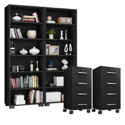 Kit 2 Gaveteiros Para Escritório Gávea Com Chave E 2 Livreiros Office Preto Fosco – Móveis Leão