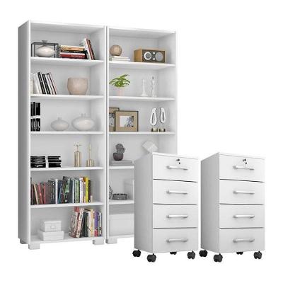 Kit 2 Gaveteiros Para Escritório Gávea Com Chave E 2 Livreiros Office Branco Fosco – Móveis Leão