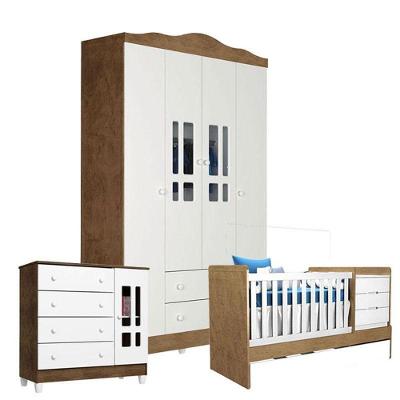 Quarto De Bebê Ariel 4 Portas Com Berço Americano Multifuncional Cléo Branco Acetinado Amadeirado – Carolina