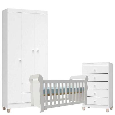 Quarto De Bebê 3 Portas Com Gaveteiro Ternura Baby E Berço Lara Branco Brilho - Incorplac
