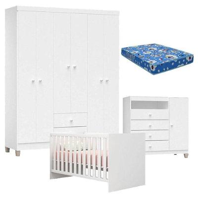 Quarto De Bebê 6 Portas Ternura Baby Com Berço Americano Doce Sonho 100 Branco Brilho Com Colchão Ortobom - Incorplac