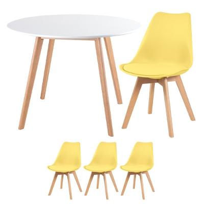 Mesa Redonda 100cm Branco + 3 Cadeiras Amarelo
