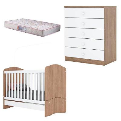 Berço Nacional Bala De Menta E Cômoda Infantil Pique-esconde Rústico Branco Com Colchão Gazin – Henn