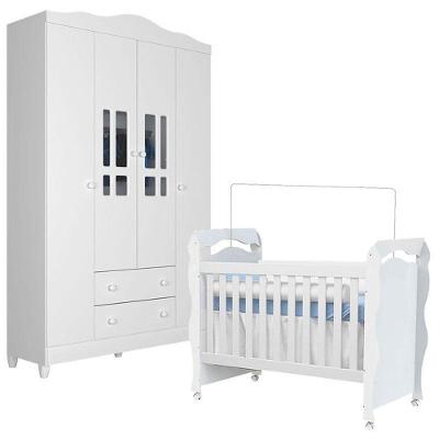 Berço Americano New Nanda E Guarda Roupa Infantil Ariel 4 Portas Branco Brilho – Carolina