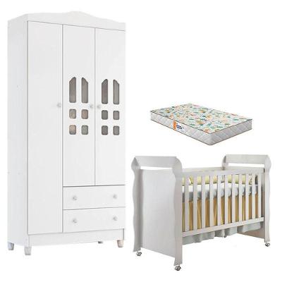 Berço Americano Mirelle E Guarda Roupa New Selena 3 Portas Branco Brilho Com Colchão Gazin – Carolina Móveis