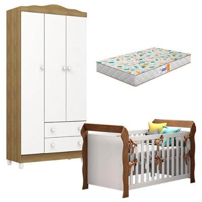 Berço Americano Lara E Guarda Roupa Infantil Mel Flat 3 Portas Branco Acetinado Amadeirado Com Colchão Gazin – Carolina