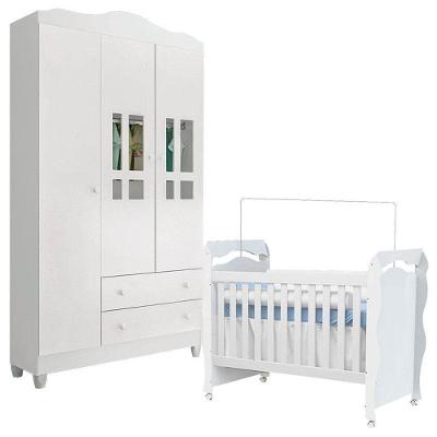 Berço Americano New Nanda E Guarda Roupa Infantil Ariel 3 Portas Branco Brilho – Carolina