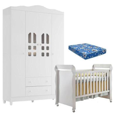 Berço Americano Mirelle E Guarda Roupa New Selena 4 Portas Branco Brilho Com Colchão Ortobom – Carolina Móveis