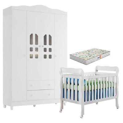 Berço Americano Lila E Guarda Roupa Infantil New Selena 4 Portas Branco Brilho Com Colchão Gazin – Carolina Móveis