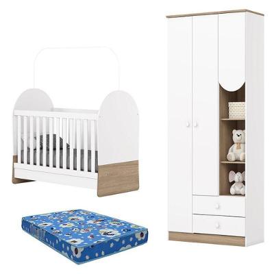 Guarda Roupa 3 Portas E Berço Mini Cama Magia Branco Jequitibá Hp Com Colchão 130x60 Ortobom - Henn