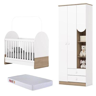 Guarda Roupa 3 Portas E Berço Mini Cama Magia Branco Jequitibá Hp Com Colchão 130x60 Prorelax - Henn