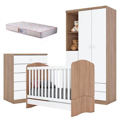 Quarto De Bebê Pique-esconde Com Berço Bala De Menta Rústico Branco E Colchão Gazin - Henn