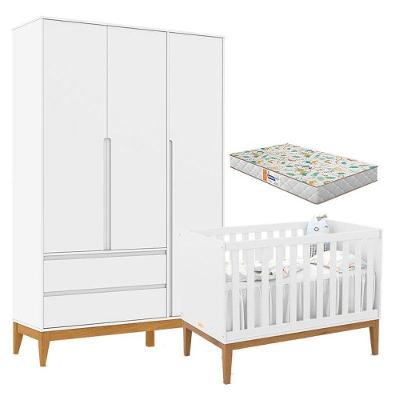 Berço Americano Unique E Guarda Roupa 3 Portas Nature Clean Branco Soft Eco Wood Com Colchão Gazin – Matic