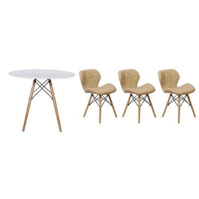 Mesa Jantar Eiffel 80cm Branca e 3 Cadeiras Slim Nude