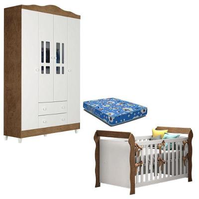Berço Americano Lara E Guarda Roupa Ariel 4 Portas Branco Acetinado Amadeirado Com Colchão – Carolina
