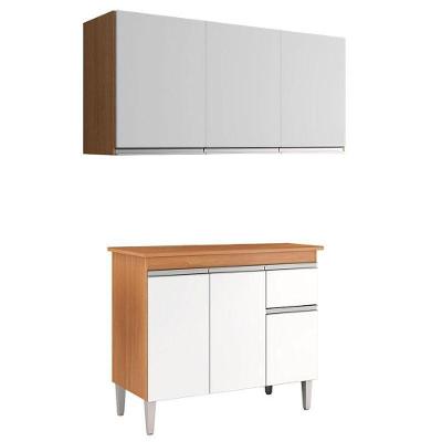 Balcão De Cozinha Tatiane Com Tampo 100cm E Armário Aéreo Andréia 3 Portas Amêndoa Branco - Ajl