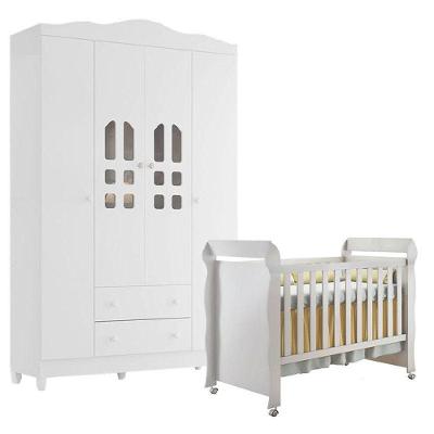 Berço Americano Mirelle E Guarda Roupa New Selena 4 Portas Branco Brilho – Carolina Móveis